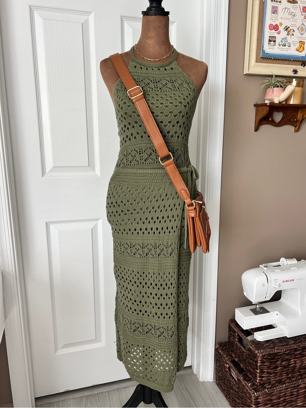 Lulu's Olive Crochet Halter Midi Dress